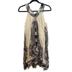 Vintage Black & White Sleeveless Boho Print Rayon Dress By Sapogee Size S Made I